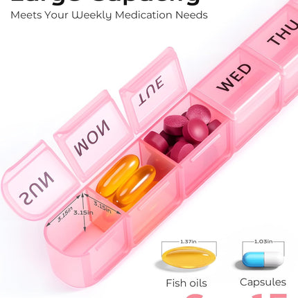 Weekly Pill Organizer, Large 7 Day Pill Box, Travel Pill Case, Daily Pill Dispenser for Vitamins, Medicines, Supplements, and Fish Oil(Pink)