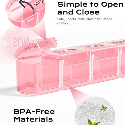 Weekly Pill Organizer, Large 7 Day Pill Box, Travel Pill Case, Daily Pill Dispenser for Vitamins, Medicines, Supplements, and Fish Oil(Pink)