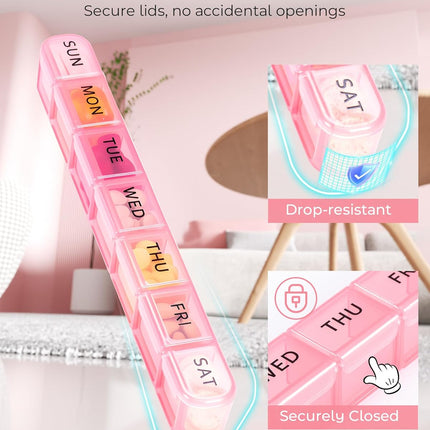 Weekly Pill Organizer, Large 7 Day Pill Box, Travel Pill Case, Daily Pill Dispenser for Vitamins, Medicines, Supplements, and Fish Oil(Pink)