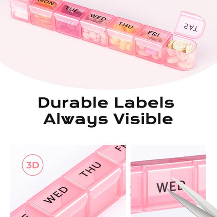Weekly Pill Organizer, Large 7 Day Pill Box, Travel Pill Case, Daily Pill Dispenser for Vitamins, Medicines, Supplements, and Fish Oil(Pink)