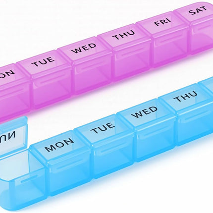 2 Pack Weekly Pill Organizer, Large 7 Day Pill Box, BPA-Free Travel Medicine Case, Easy Open & Secure Close, Portable Pill Holder for Vitamins, Supplements & Medications - Blue&Purple