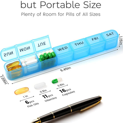 2 Pack Weekly Pill Organizer, Large 7 Day Pill Box, BPA-Free Travel Medicine Case, Easy Open & Secure Close, Portable Pill Holder for Vitamins, Supplements & Medications - Blue&Purple