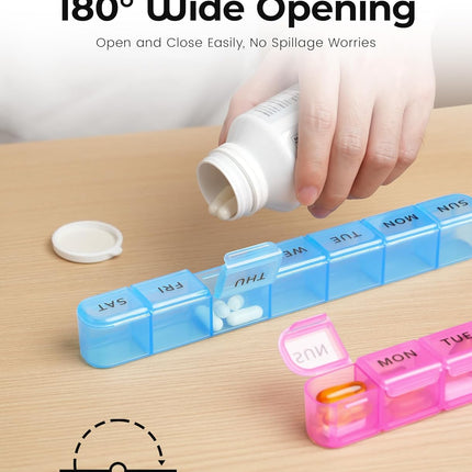 2 Pack Weekly Pill Organizer, Large 7 Day Pill Box, BPA-Free Travel Medicine Case, Easy Open & Secure Close, Portable Pill Holder for Vitamins, Supplements & Medications - Blue&Purple