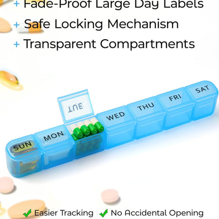 2 Pack Weekly Pill Organizer, Large 7 Day Pill Box, BPA-Free Travel Medicine Case, Easy Open & Secure Close, Portable Pill Holder for Vitamins, Supplements & Medications - Blue&Purple