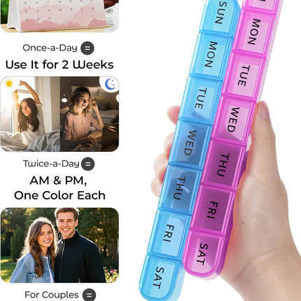 2 Pack Weekly Pill Organizer, Large 7 Day Pill Box, BPA-Free Travel Medicine Case, Easy Open & Secure Close, Portable Pill Holder for Vitamins, Supplements & Medications - Blue&Purple