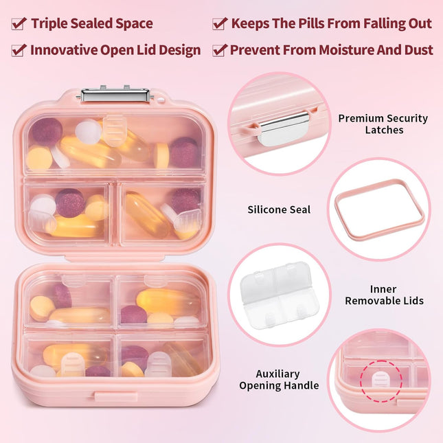 Travel Pill Organizer, 7 Compartments Portable Pill Case, Compact and Portable Pill Box, Small Pill Container for Pocket Purse Medicine Organizer, Daily Pill Box to Hold Vitamins