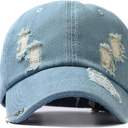 Unisex Ripped Distressed Denim Ring Baseball Cap Hip Hop Vintage Dad Hat Adjustable