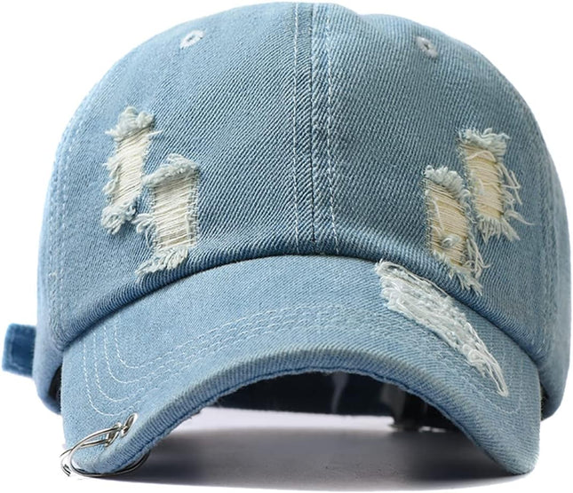 Unisex Ripped Distressed Denim Ring Baseball Cap Hip Hop Vintage Dad Hat Adjustable