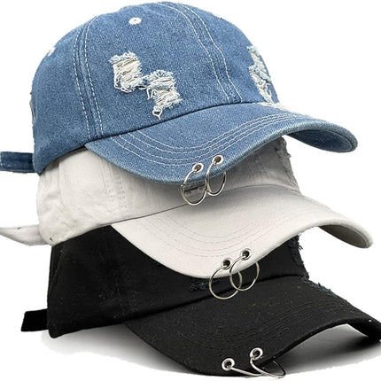 Unisex Ripped Distressed Denim Ring Baseball Cap Hip Hop Vintage Dad Hat Adjustable