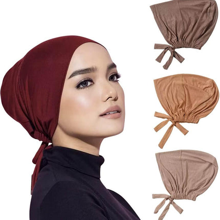 4 Pcs Women Hijab Undercap Muslim Inner Beanies Cap with Tie Back Closure Adjustable Underscarf Hat Chemo Turban Cap