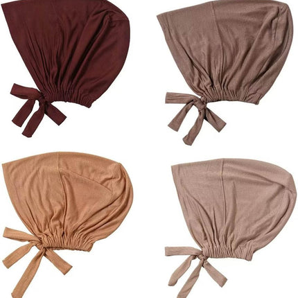 4 Pcs Women Hijab Undercap Muslim Inner Beanies Cap with Tie Back Closure Adjustable Underscarf Hat Chemo Turban Cap
