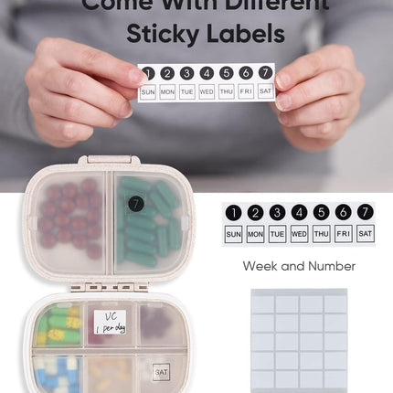 Travel Pill Organizer, 8 Compartments Portable Pill Case, Daily Pill Box to Hold Vitamins, Small Pill Container for Pocket Purse Medicine Organizer（Khaki）
