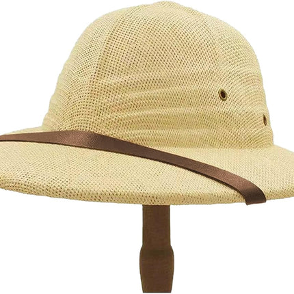 Straw Helmet Pith Bucket Sun Hat Men Vietnam War Army Hat Dad Boater Jungle Safari Explorer Miners Cap (Adjust Chin Cord)