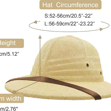 Straw Helmet Pith Bucket Sun Hat Men Vietnam War Army Hat Dad Boater Jungle Safari Explorer Miners Cap (Adjust Chin Cord)