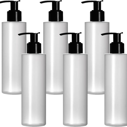 6 Pack 8 Oz Plastic Pump Dispenser Bottles for Lotion, Massage Oil, Shampoo and More - Refillable, BPA Free Clear/Frosted Empty 8oz Containers - Fit Into Holsters, Bulk