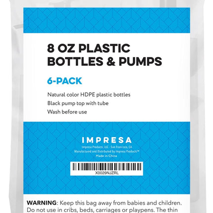 6 Pack 8 Oz Plastic Pump Dispenser Bottles for Lotion, Massage Oil, Shampoo and More - Refillable, BPA Free Clear/Frosted Empty 8oz Containers - Fit Into Holsters, Bulk