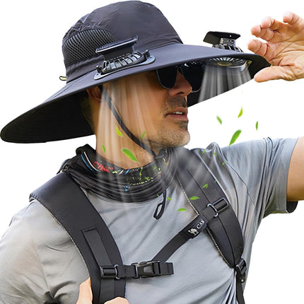 Wide Brim Solar Fan Hat Outdoor 2 Solar Fan Sun Bucket Hat for Men Women Fishing Hat with Removable & USB Charging Fan