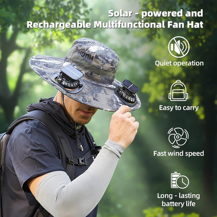Wide Brim Solar Fan Hat Outdoor 2 Solar Fan Sun Bucket Hat for Men Women Fishing Hat with Removable & USB Charging Fan