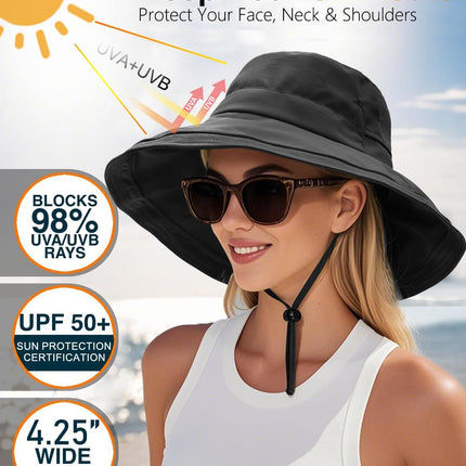 Sun Hats for Women, Wide Brim Waterproof Bucket Hat, Summer Beach Packable Ponytail Hat,UPF 50+ UV Protection