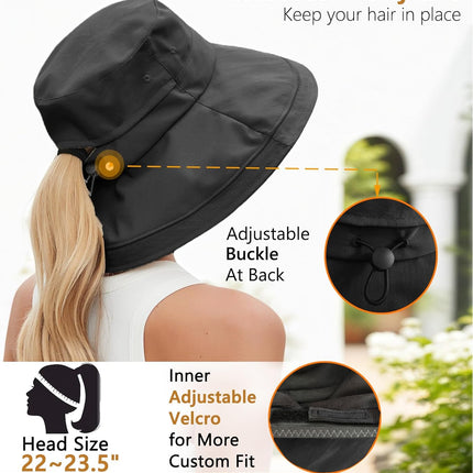 Sun Hats for Women, Wide Brim Waterproof Bucket Hat, Summer Beach Packable Ponytail Hat,UPF 50+ UV Protection