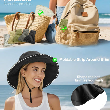 Sun Hats for Women, Wide Brim Waterproof Bucket Hat, Summer Beach Packable Ponytail Hat,UPF 50+ UV Protection