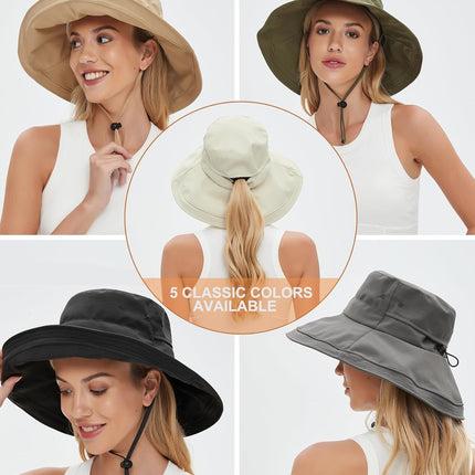 Sun Hats for Women, Wide Brim Waterproof Bucket Hat, Summer Beach Packable Ponytail Hat,UPF 50+ UV Protection