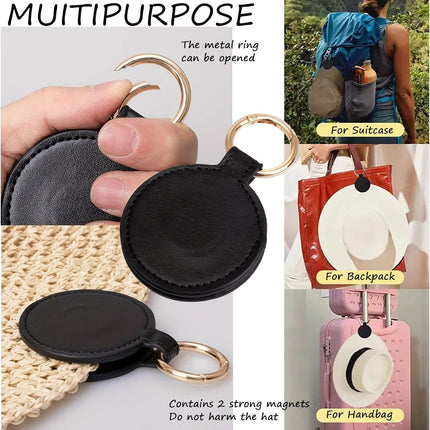 2-Pack Magnetic Hat Clips for Travel | PU Hat Clip Holders for Sun Hats & Wide-Brim Hats | Hands-Free Bag Accessory | No Marking (Black & Brown)