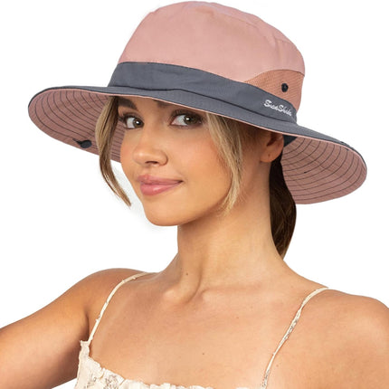 Sun Hat for Women Summer UV Protection Beach Hat Wide Brim Mesh Bucket Fishing Hat with Ponytail Hole Foldable Packable Hat
