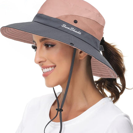 Sun Hat for Women Summer UV Protection Beach Hat Wide Brim Mesh Bucket Fishing Hat with Ponytail Hole Foldable Packable Hat