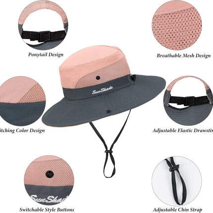 Sun Hat for Women Summer UV Protection Beach Hat Wide Brim Mesh Bucket Fishing Hat with Ponytail Hole Foldable Packable Hat