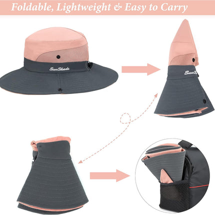 Sun Hat for Women Summer UV Protection Beach Hat Wide Brim Mesh Bucket Fishing Hat with Ponytail Hole Foldable Packable Hat