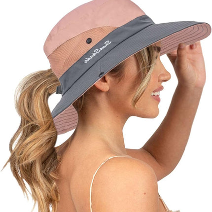 Sun Hat for Women Summer UV Protection Beach Hat Wide Brim Mesh Bucket Fishing Hat with Ponytail Hole Foldable Packable Hat