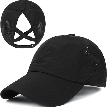 Womens Criss Cross Ponytail Baseball Cap Adjustable Messy Bun Mesh Quick Drying Hat