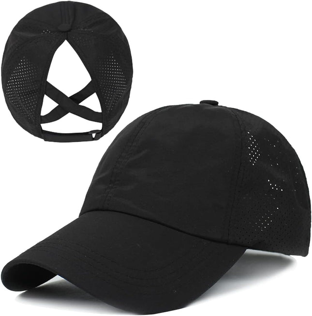 Womens Criss Cross Ponytail Baseball Cap Adjustable Messy Bun Mesh Quick Drying Hat