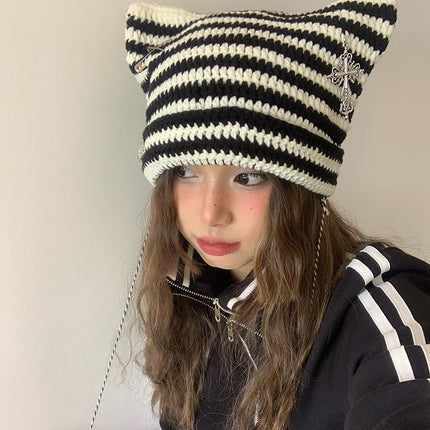 Grunge Beanies Crochet Knitted Hats for Women Girls Fox Cat Ear Goth Emo Alt Y2K Accessories Grunge Clothes