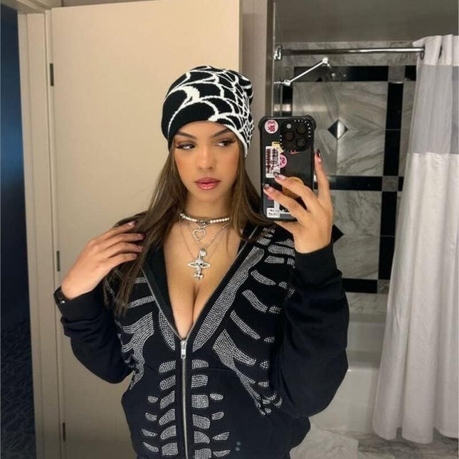 Y2K Gothic Spider Pattern Wool Acrylic Knitted Hat Women Beanie Winter Warm Beanies Men Casual Skullies Outdoor