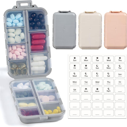 14 Grids Pill Organizer Box with Labels, Travel Medication Holder Dispenser Case Kit, Pocket Daily Pharmacy Container for Fish Oil Vitamin Supplement Storage, Khaki Pink Grey, 3 Pack Khaki+pink+grey