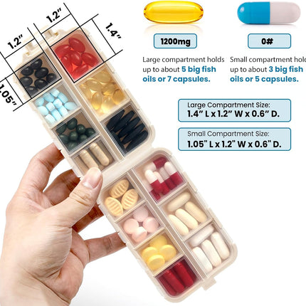 14 Grids Pill Organizer Box with Labels, Travel Medication Holder Dispenser Case Kit, Pocket Daily Pharmacy Container for Fish Oil Vitamin Supplement Storage, Khaki Pink Grey, 3 Pack Khaki+pink+grey