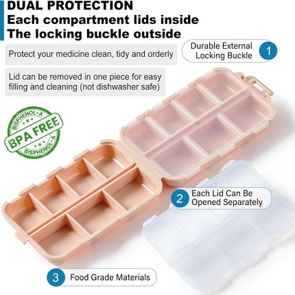14 Grids Pill Organizer Box with Labels, Travel Medication Holder Dispenser Case Kit, Pocket Daily Pharmacy Container for Fish Oil Vitamin Supplement Storage, Khaki Pink Grey, 3 Pack Khaki+pink+grey