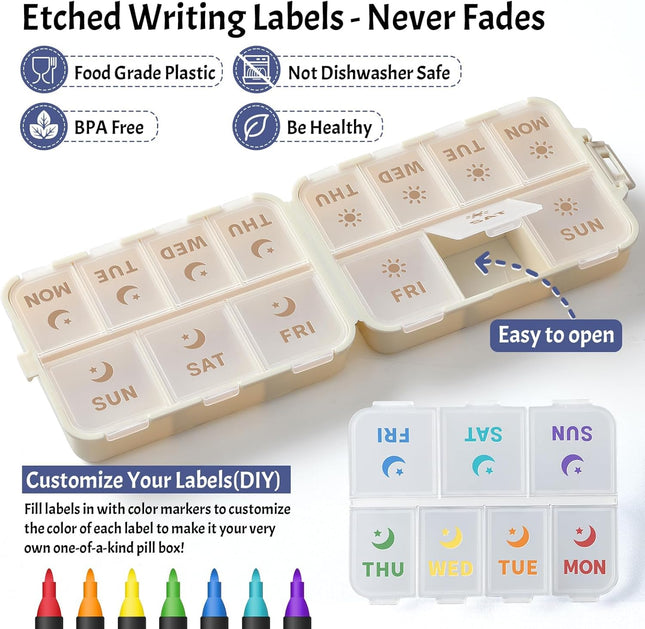 NEW Foldable & Double Protection Portable Weekly Pill Organizer 2 Times A Day with Etched Labels, AM PM 7 Week Medicine Box, Daily Travel Case Holder Dispenser for Vitamin, Supplement - Khaki
