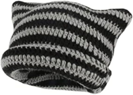 Kitten Hat - Cat Ear Hat - Black, White and Grey - Knitted Beanie - Rimless Beanie - Vintage - Ladies' Accessories - Winter Essentials - Y2K Accessories