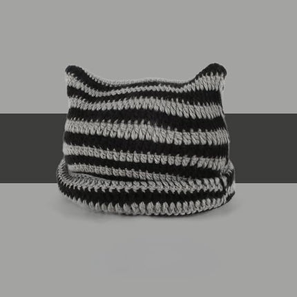 Kitten Hat - Cat Ear Hat - Black, White and Grey - Knitted Beanie - Rimless Beanie - Vintage - Ladies' Accessories - Winter Essentials - Y2K Accessories
