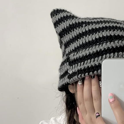 Kitten Hat - Cat Ear Hat - Black, White and Grey - Knitted Beanie - Rimless Beanie - Vintage - Ladies' Accessories - Winter Essentials - Y2K Accessories