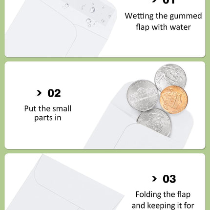 #1 Coin Envelopes Eupako 100 PCS 2.25x 3.5" White Small Parts Envelope with Gummed Flap Kraft Seed Envelopes for Garden, Home and Office