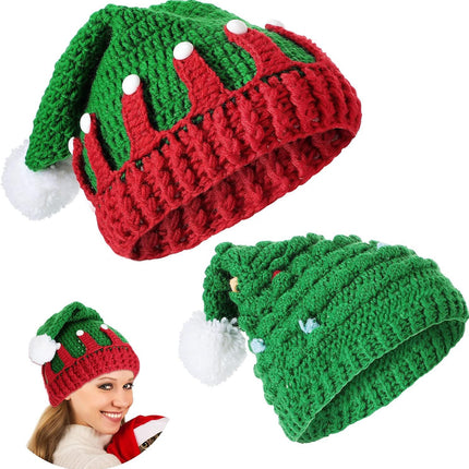 2 Pieces Unisex Christmas Knit Beanie Santa Hat Winter Warm Crochet Bearded Cap with ur Pom Pom Handmade Knitted Reindeer Cap or Adult