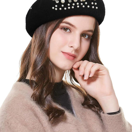 Classic rench Wool Beret with Pearl & Rhinestone Embellishments, Beanie Cap Style Hat or Women and Girls