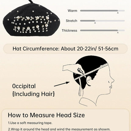 Classic rench Wool Beret with Pearl & Rhinestone Embellishments, Beanie Cap Style Hat or Women and Girls