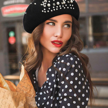 Classic rench Wool Beret with Pearl & Rhinestone Embellishments, Beanie Cap Style Hat or Women and Girls