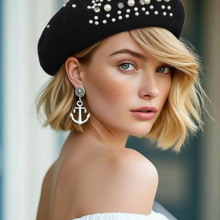 Classic rench Wool Beret with Pearl & Rhinestone Embellishments, Beanie Cap Style Hat or Women and Girls