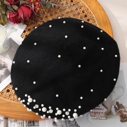 Classic rench Wool Beret with Pearl & Rhinestone Embellishments, Beanie Cap Style Hat or Women and Girls